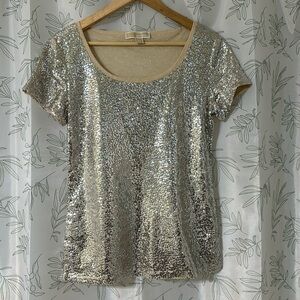 Michael Kors Silver Sequin Round Neck Cap Sleeve Top EUC